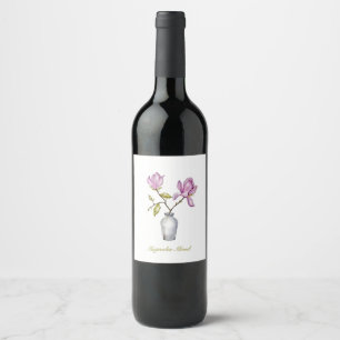 Pink Magnolia Watercolor Botanical Wine Label