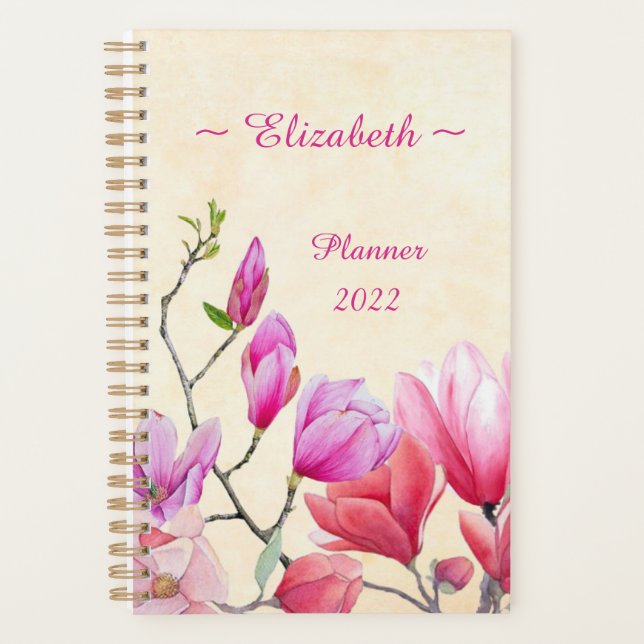 Pink Magnolia Watercolor Customise/Personalise  Planner (Front)