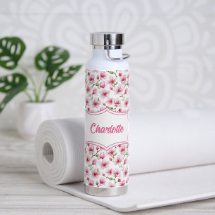 Pink Magnolia Watercolor Fitness Monogram Name Water Bottle