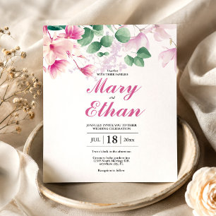 Pink Magnolia Watercolor Flowers Wedding Invitation