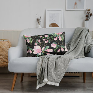 Pink Magnolia Watercolor Pattern Black  Decorative Cushion