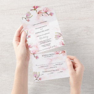 Pink Magnolia Watercolor Wedding All In One Invitation