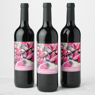 Pink Magnolia watercolor Wine Label