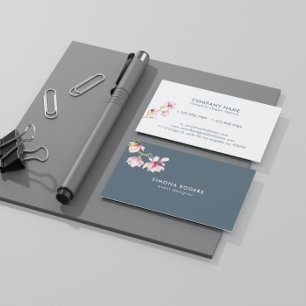Pink Magnolia Watercolors Blue-grey Background Business Card