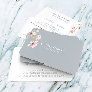 Pink Magnolia Watercolors Blue- Grey Background Business Card