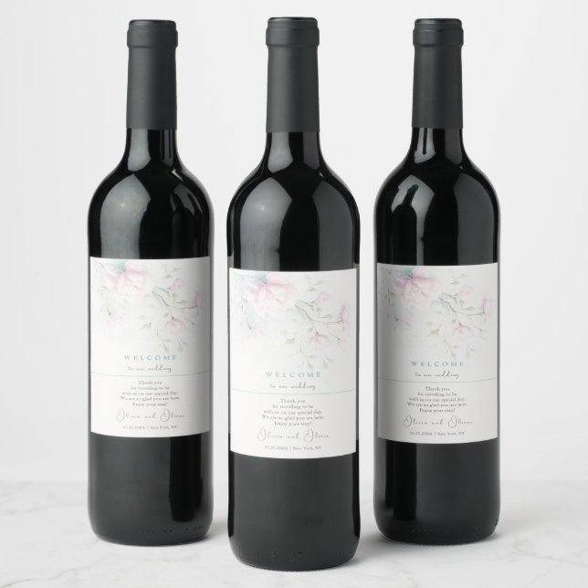 Pink Magnolia Wedding Welcome Wine Label (Bottles)