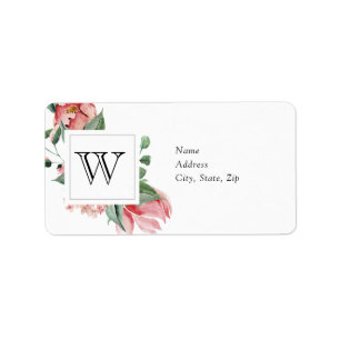 Pink Magnolia with Monogram Wedding Address Label