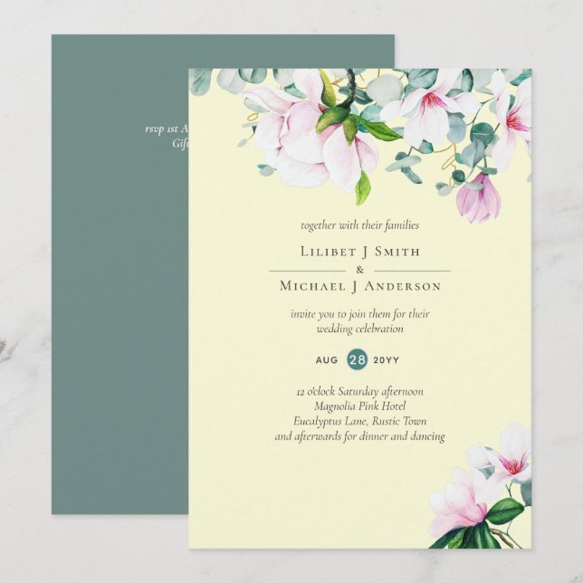 Pink Magnolias Floral and Yellow Wedding Invite (Front/Back)