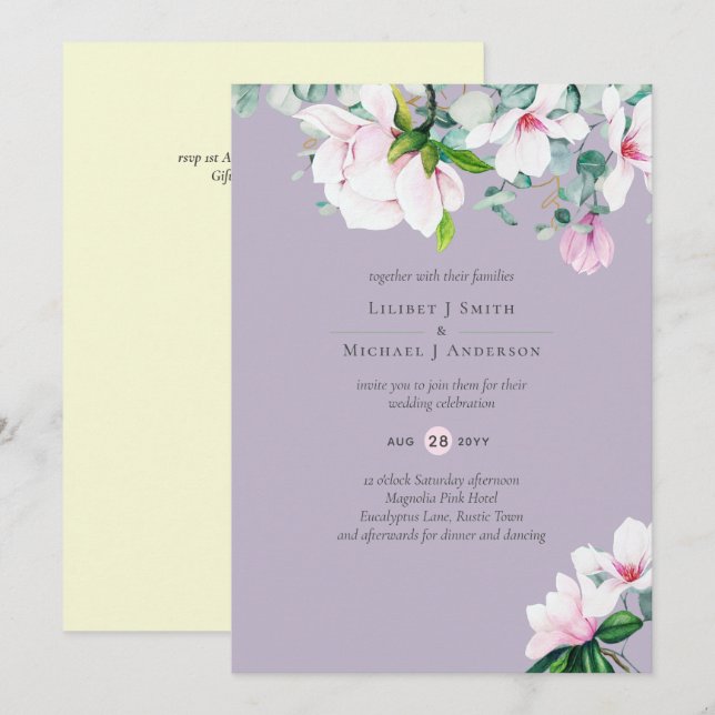Pink Magnolias Floral and Yellow Wedding Invite (Front/Back)