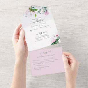 Pink Magnolias Floral and Yellow Wedding Invite