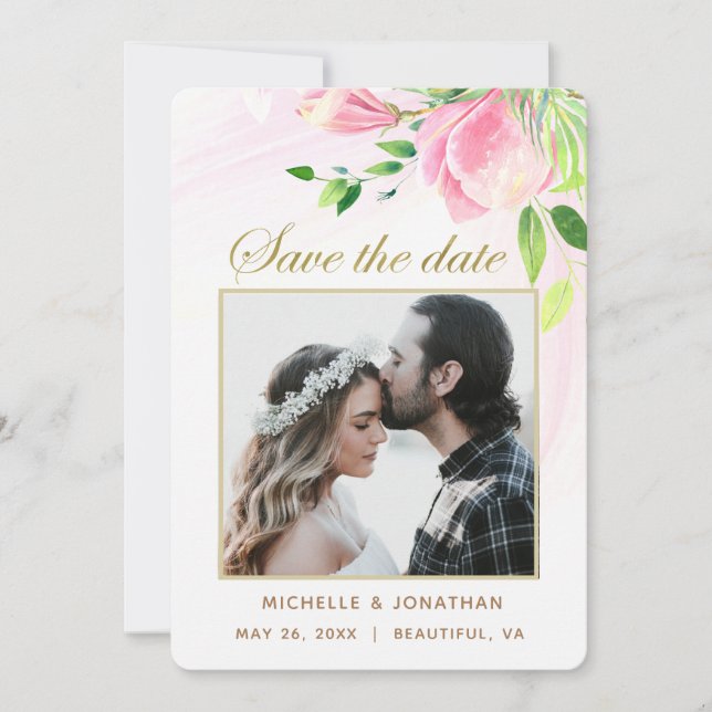 Pink Magnolias Floral PHOTO Inspirational Wedding Save The Date (Front)