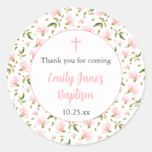 Pink Magnolias girl baptism thank you sticker