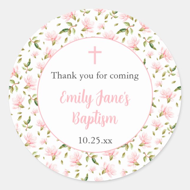 Pink Magnolias girl baptism thank you sticker (Front)