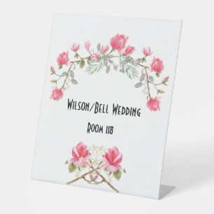 Pink Magnolias Gold Accent Wedding Pedestal Sign