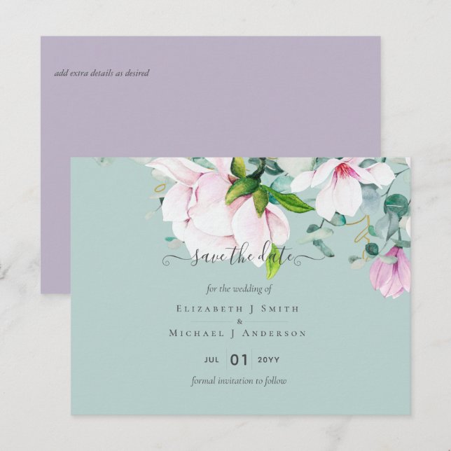 Pink Magnolias Lilac Eucalyptus Wedding Save Dates Postcard (Front/Back)