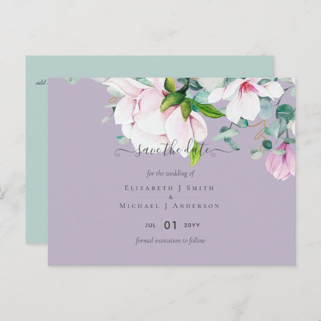 Pink Magnolias Lilac Eucalyptus Wedding Save Dates Postcard (Front/Back)