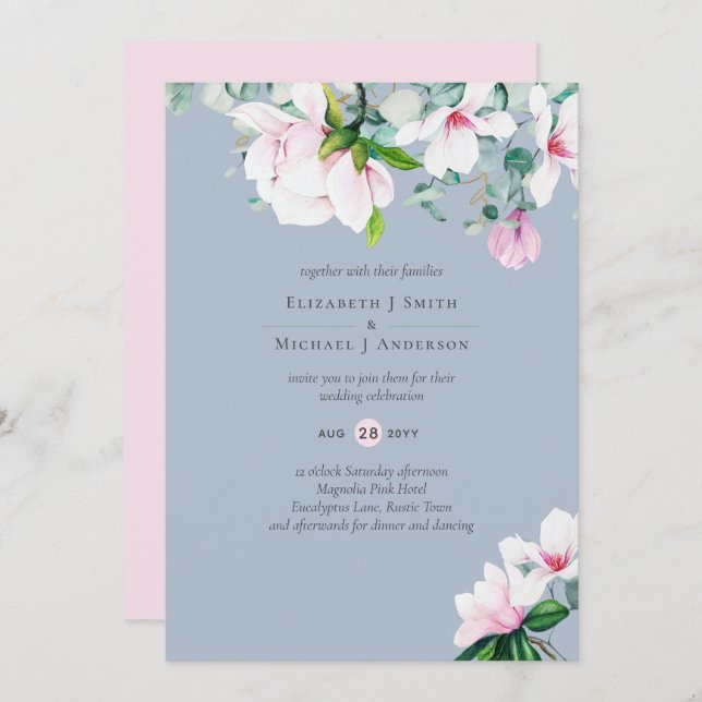 Pink Magnolias Sage Eucalyptus Dusty Blue Wedding  (Front/Back)