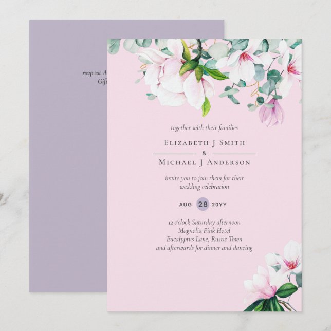 Pink Magnolias Sage Eucalyptus Lavender Wedding  (Front/Back)