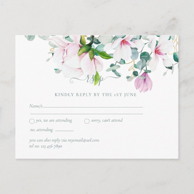 Pink Magnolias Sage Eucalyptus Wedding rsvp  Postc Postcard (Front)