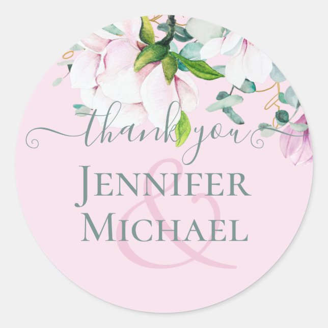 Pink Magnolias Sage Eucalyptus Wedding Thank You C Classic Round Sticker (Front)