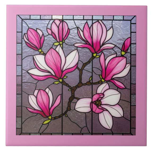 Pink Magnolias Stained Glass Illusion Tile (Front)