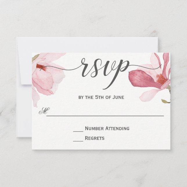 Pink Magnolias Watercolor Wedding RSVP Card (Front)