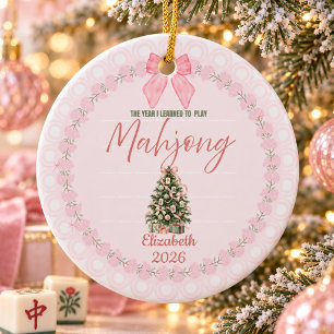Pink Mahjong Christmas Custom Name Year Ceramic Tree Decoration