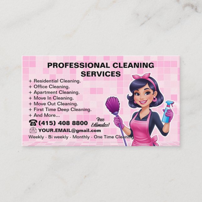 Pink Maid Janitorial Lady House Cleaning Service Business Card (Front)