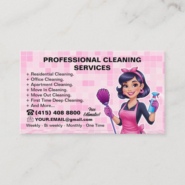 Pink Maid Janitorial Lady House Cleaning Service Business Card (Front)