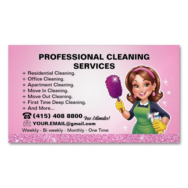Pink Maid Janitorial Lady House Cleaning Service Magnetic Business Card (Front)