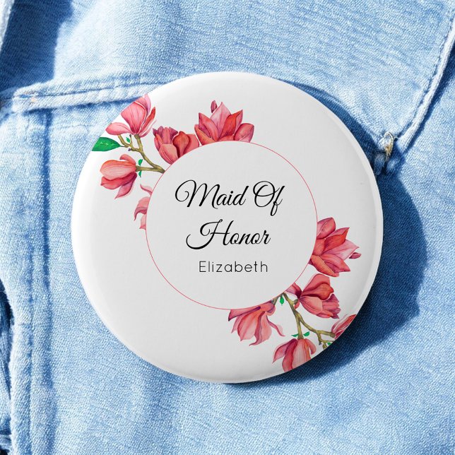 Pink Maid of Honor Floral White Button (Creator Uploaded)