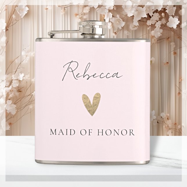 Pink Maid of Honour Gold Heart Modern Script  Hip Flask (Creator Uploaded)
