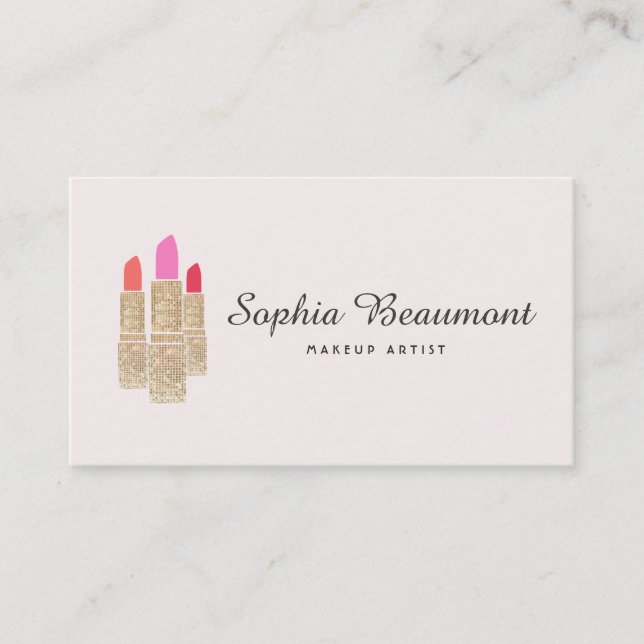 Pink Makeup Artist Gold Sequin Lipstick Beauty Business Card (Front)