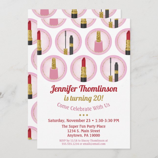 Pink Makeup Cosmetics Birthday Invitation Lipstick (Front/Back)