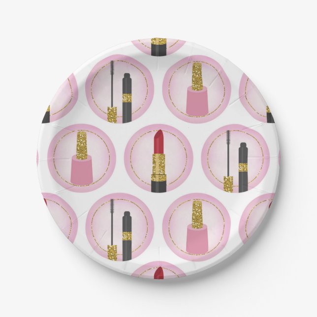 Pink Makeup Cosmetics Pattern Cosmetology Paper Plate (Front)
