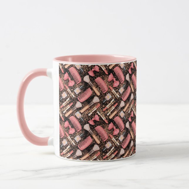 Pink Makeup Cosmetics Pattern Glitter  Mug (Left)