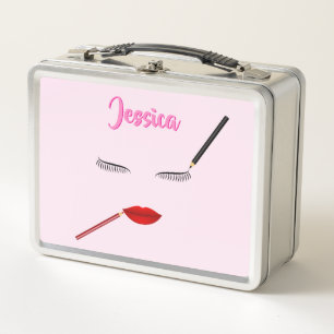 Pink Makeup Lover Cosmetics Pattern Metal Lunch Box