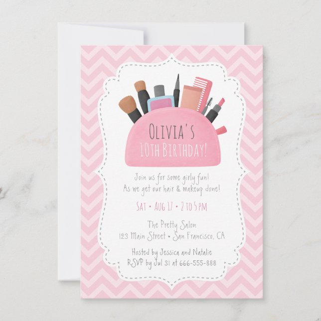 Pink Makeup Pouch Girls Birthday Party Invitations (Front)