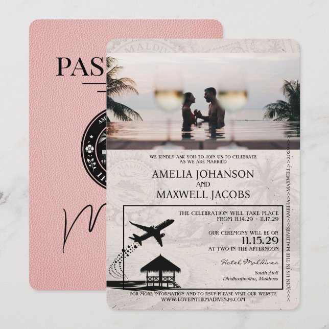Pink Maldives Passport Wedding Invitation (Front/Back)