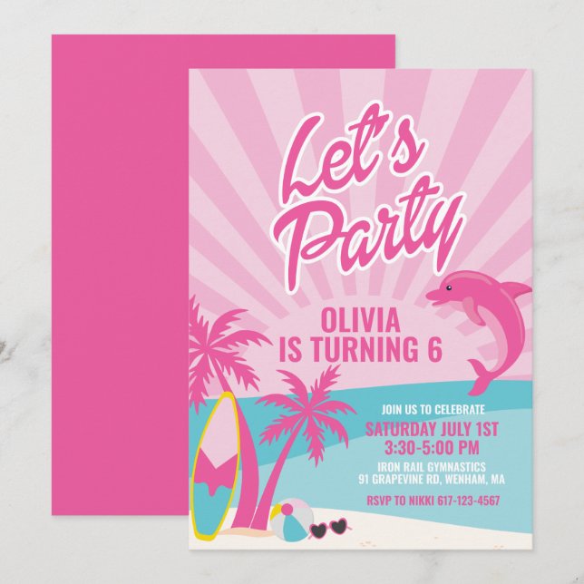 Pink Malibu beach birthday Invitation (Front/Back)