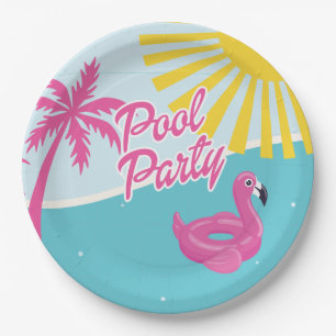 Pink Malibu Beach Palm Pool Party Birthday Paper Plate