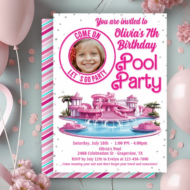 Pink Malibu Doll Pool Party  Invitation (Cute Malibu doll pool party invitation with spot for your photo. Any age - simply add your details.)