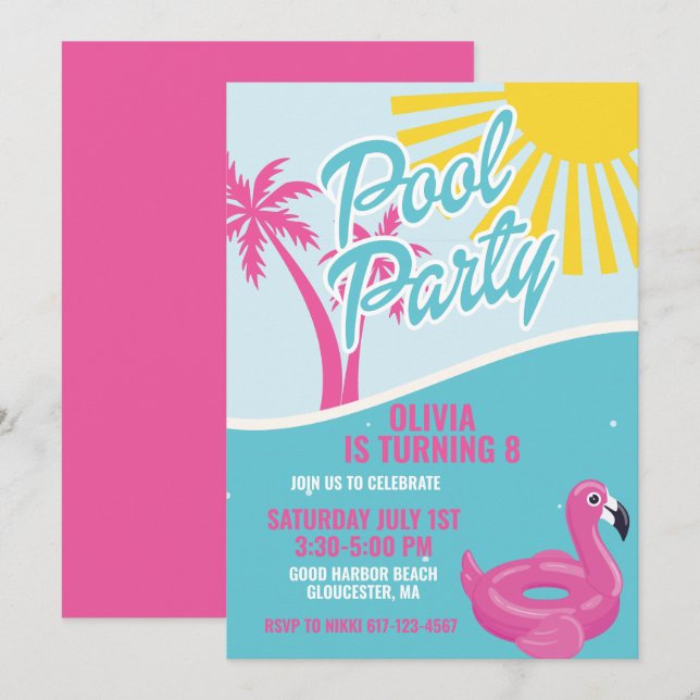Pink Malibu Pool Party birthday Invitation (Front/Back)