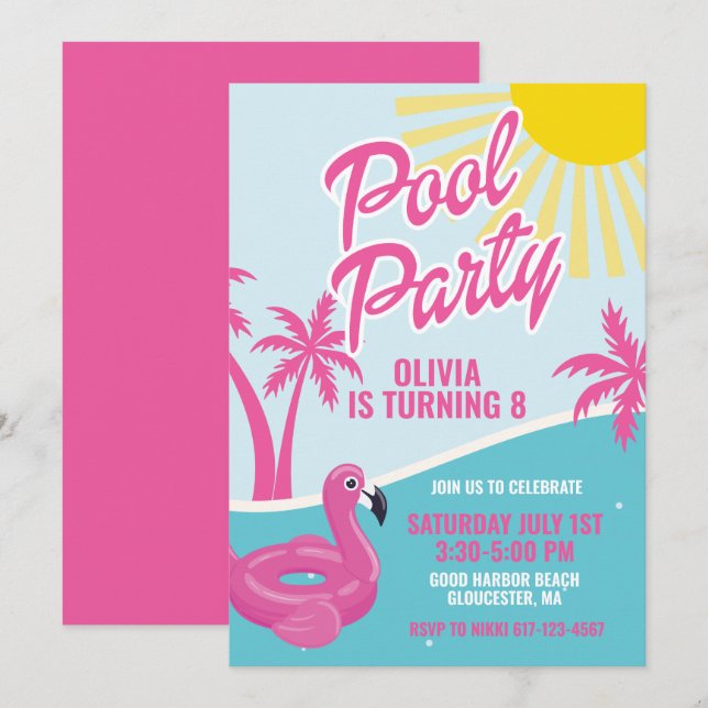 Pink Malibu Pool Party birthday Invitation (Front/Back)