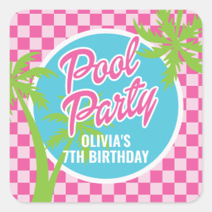 Pink Malibu Pool Party Birthday Square Sticker