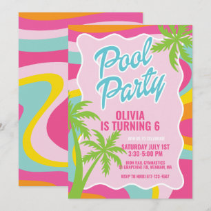 pink malibu swirl pool party birthday invitation
