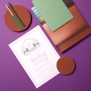 Pink Mallard Duck Monogram Coquette Baby Shower Invitation