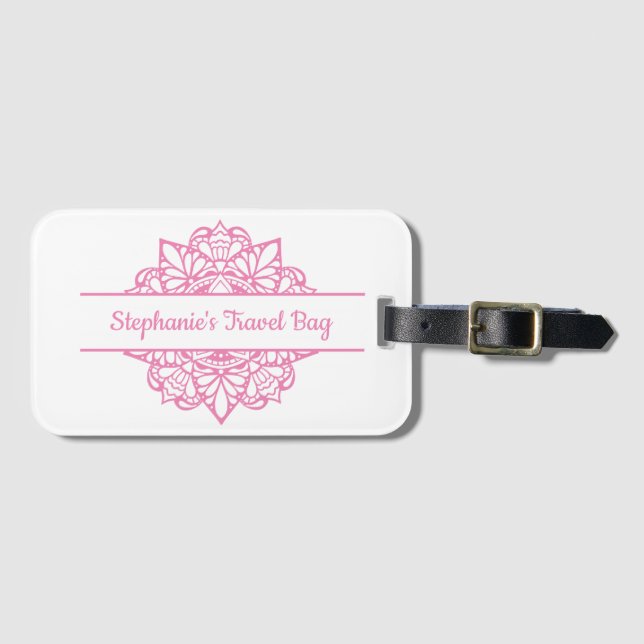 Pink Mandala Art Personalised Luggage Tag (Front Horizontal)