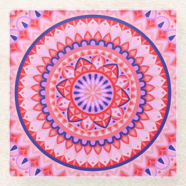Pink Mandala Boho Vibrant Love Geometric Pattern Glass Coaster (Front)