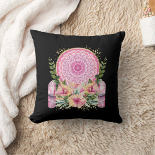 Pink Mandala Crystal Flowers Watercolor Boho Cushion